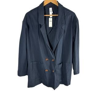 Amadi Anthropologie Kayne Navy Double Breasted Linen Blend Coat Large Oversized